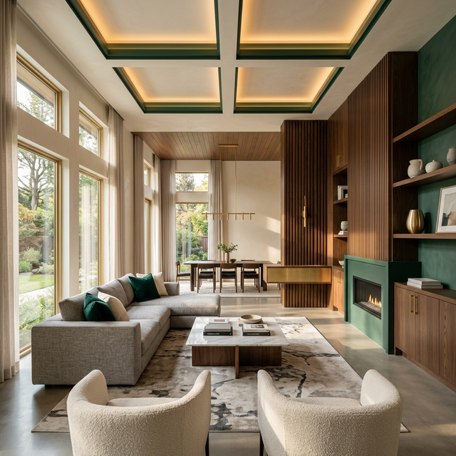 Sala de estar luxuosa com marcenaria em nogueira