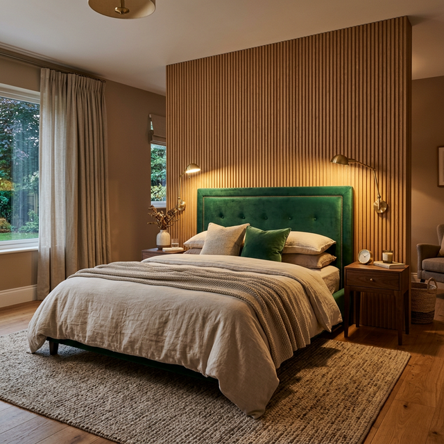 Quarto aconchegante com painel de madeira